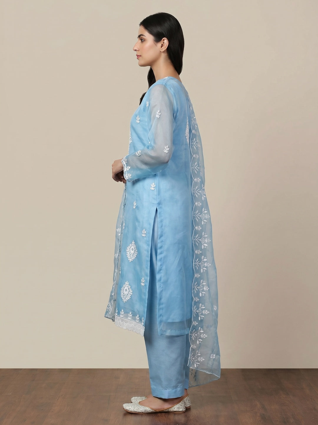 Blue Floral Embroidered Organza Dress Material - Image 2