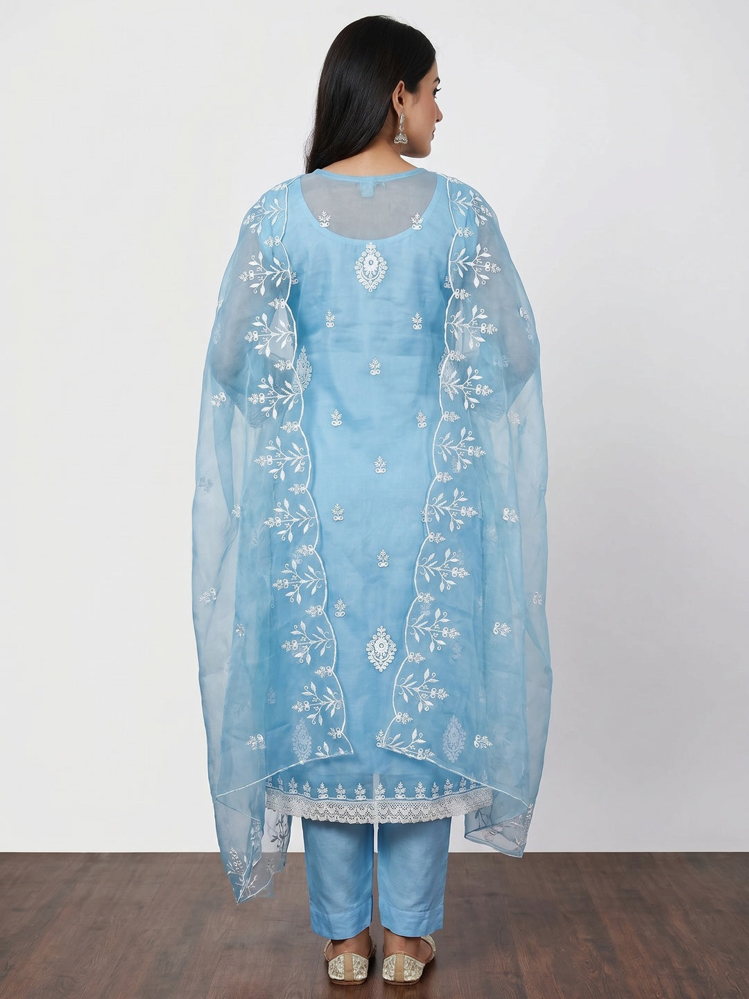 Blue Floral Embroidered Organza Dress Material - Image 3