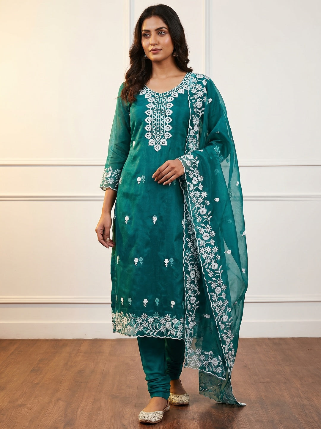 Teal Floral Embroidered Organza Dress Material - Image 1