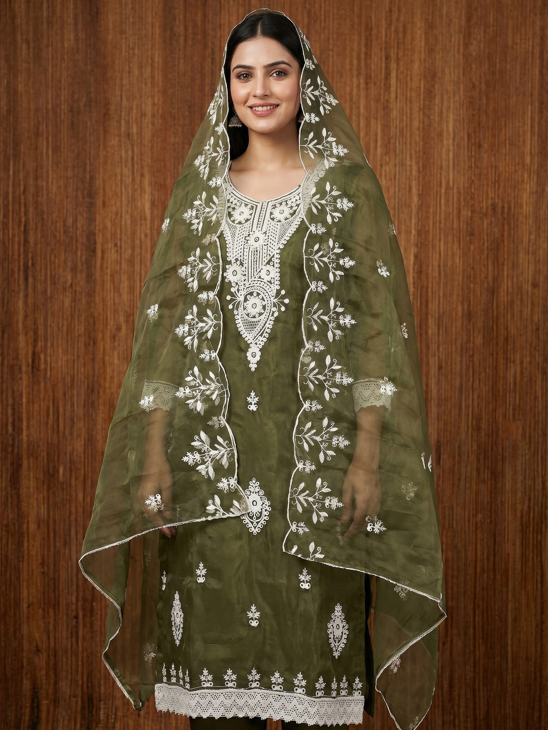 Mehendi Green Floral Embroidered Organza Dress Material - Image 1
