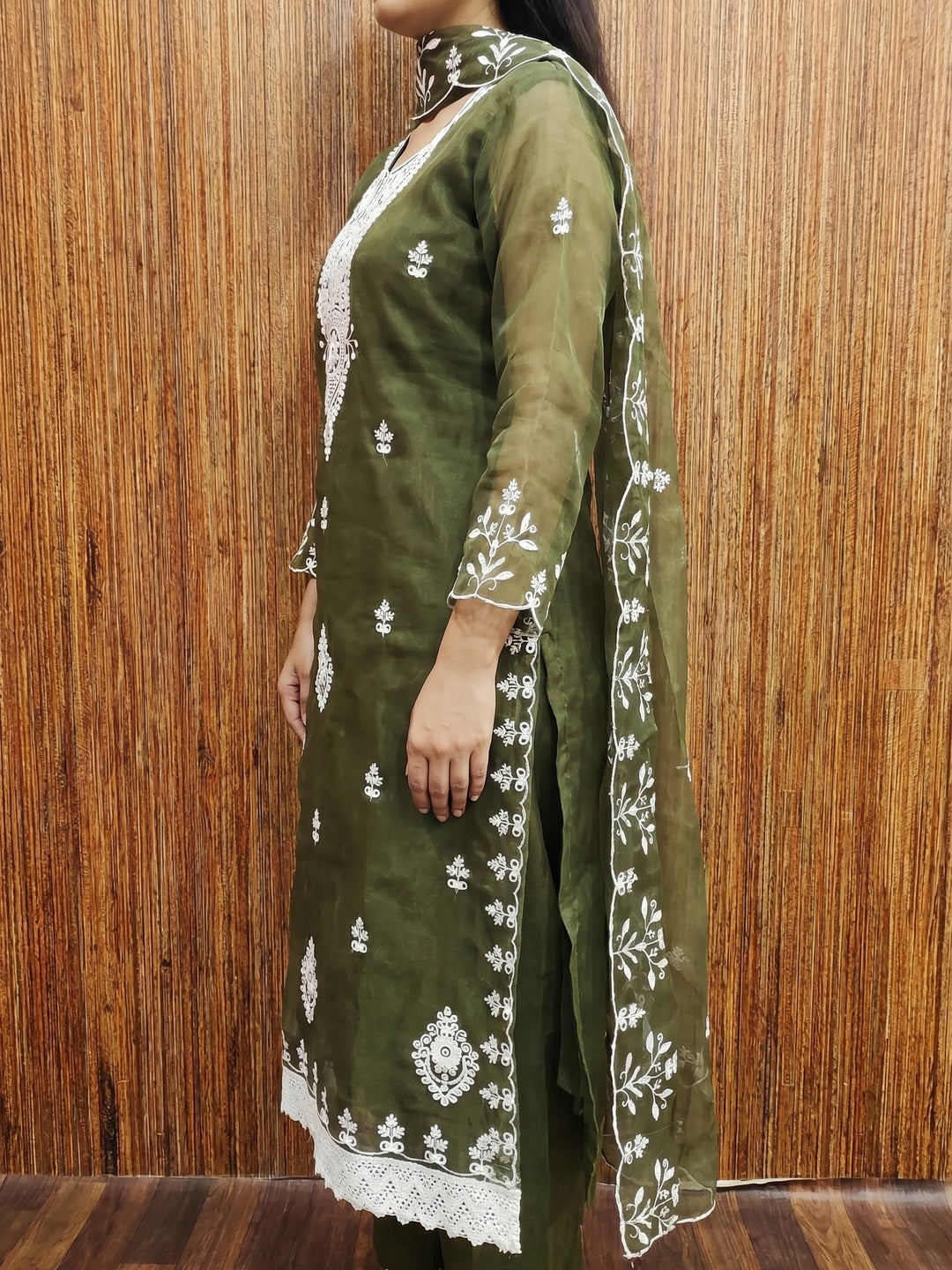 Mehendi Green Floral Embroidered Organza Dress Material - Image 3
