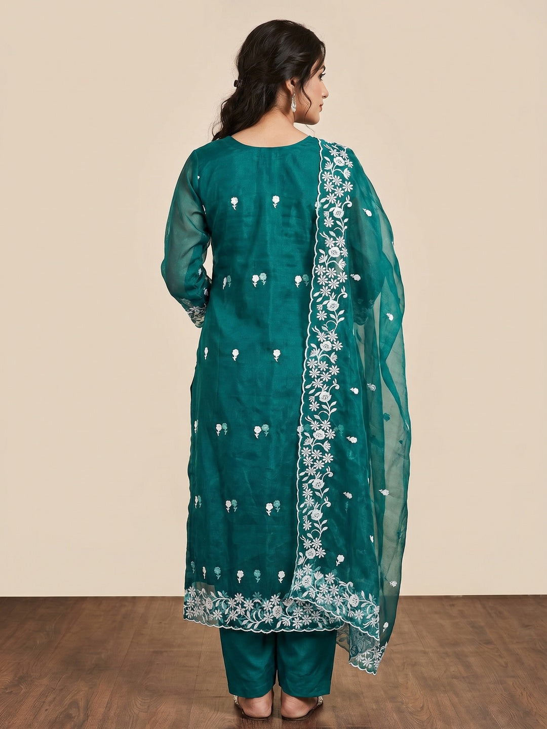 Teal Floral Embroidered Organza Dress Material - Image 2