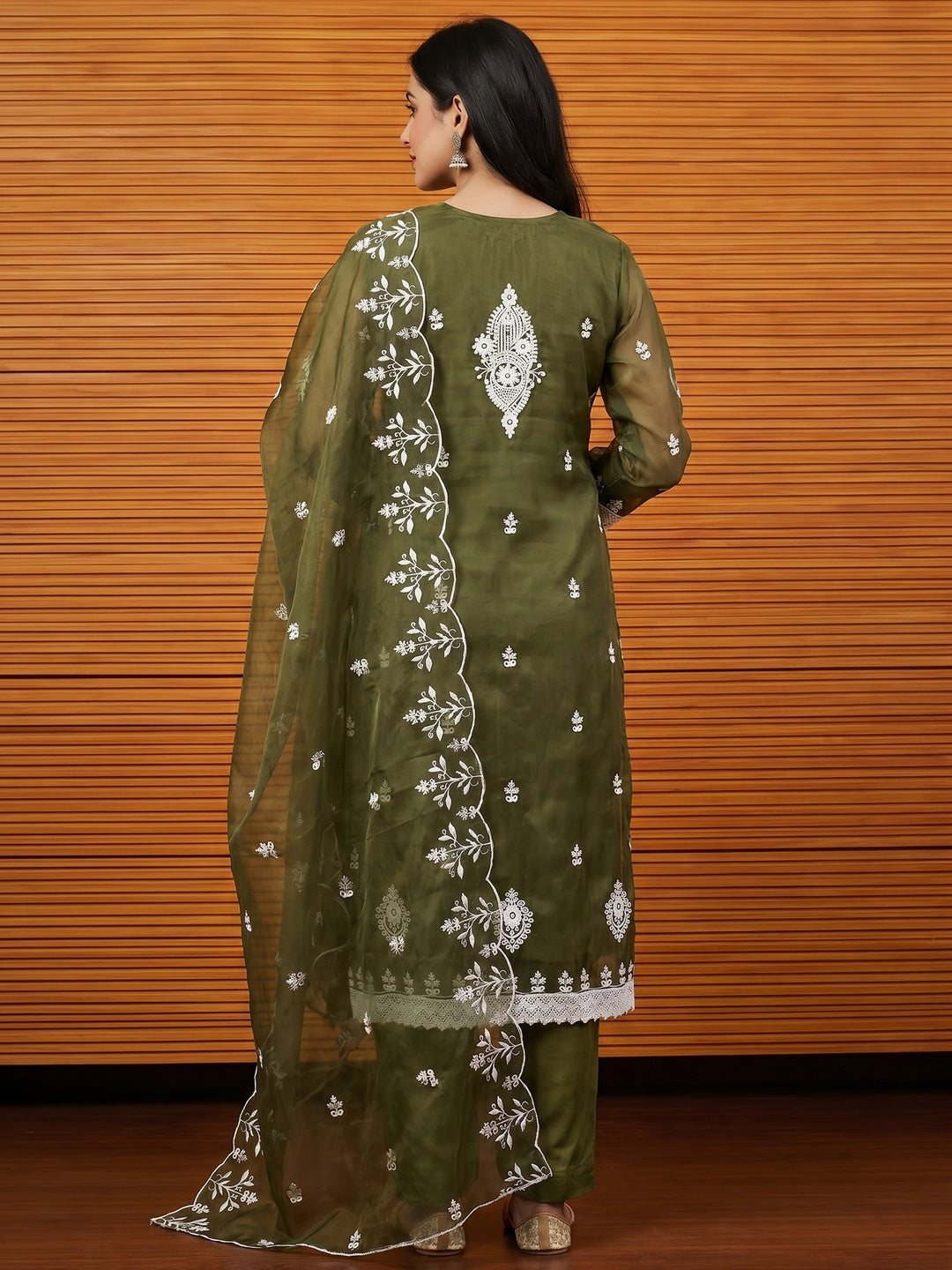 Mehendi Green Floral Embroidered Organza Dress Material - Image 2