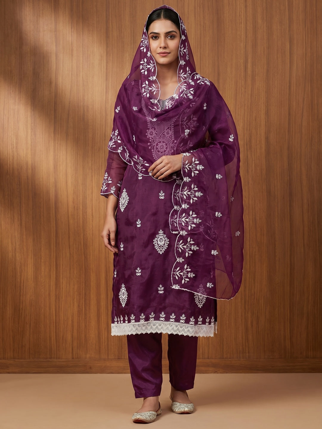 Purple Floral Embroidered Organza Dress Material - Image 1