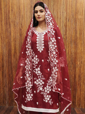 Maroon Floral Embroidered Organza Dress Material - Image 1