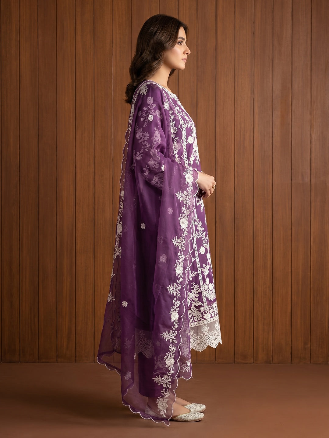 Purple Floral Embroidered Organza Dress Material - Image 3