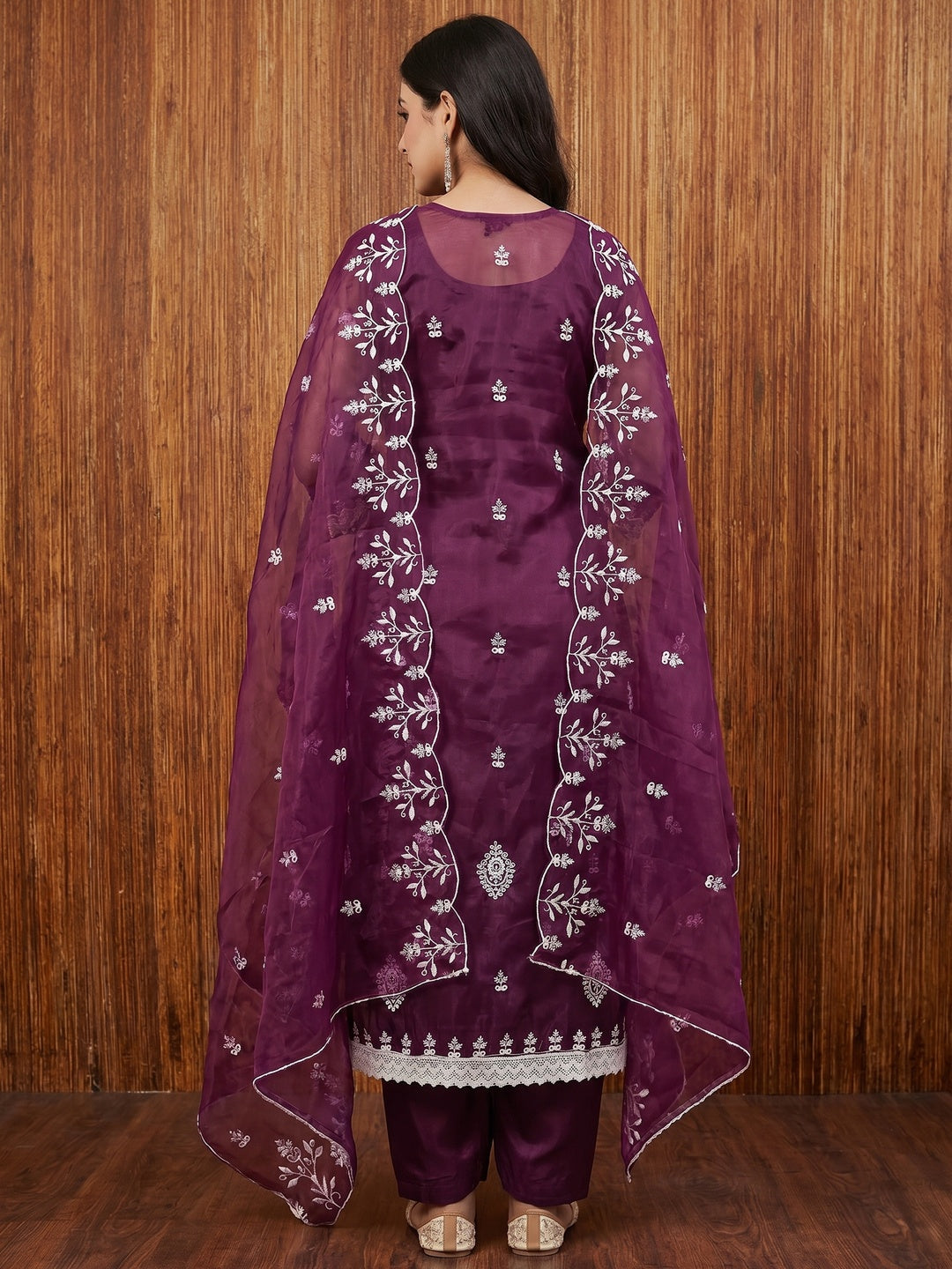 Purple Floral Embroidered Organza Dress Material - Image 2