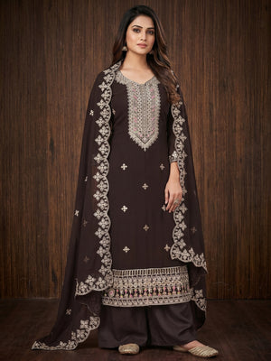 Brown Floral Embroidered Georgette Dress Material - Image 1