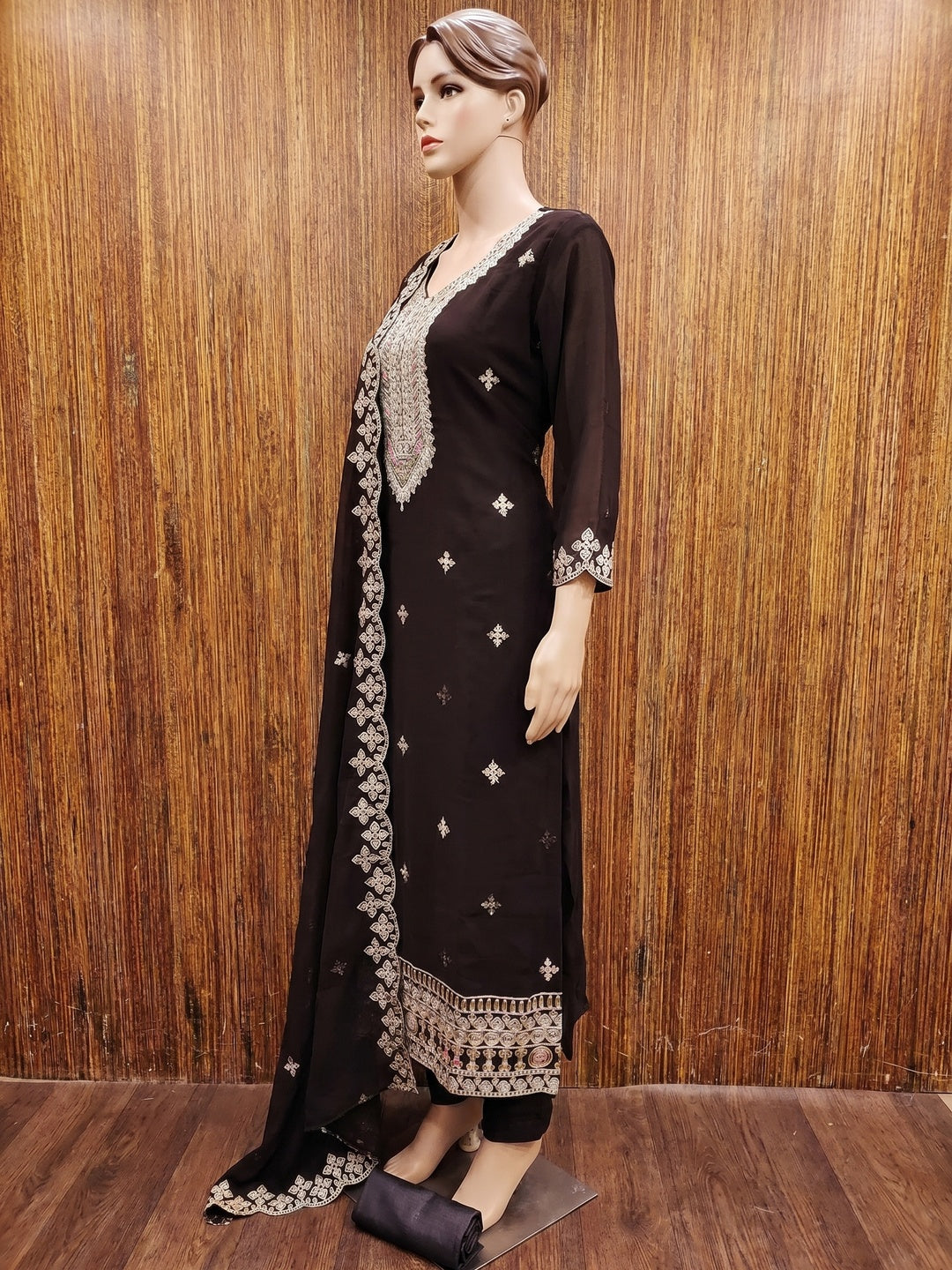 Brown Floral Embroidered Georgette Dress Material - Image 3