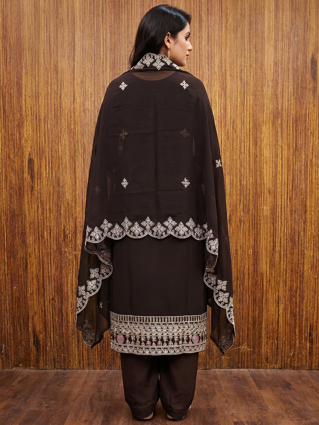 Brown Floral Embroidered Georgette Dress Material - Image 2
