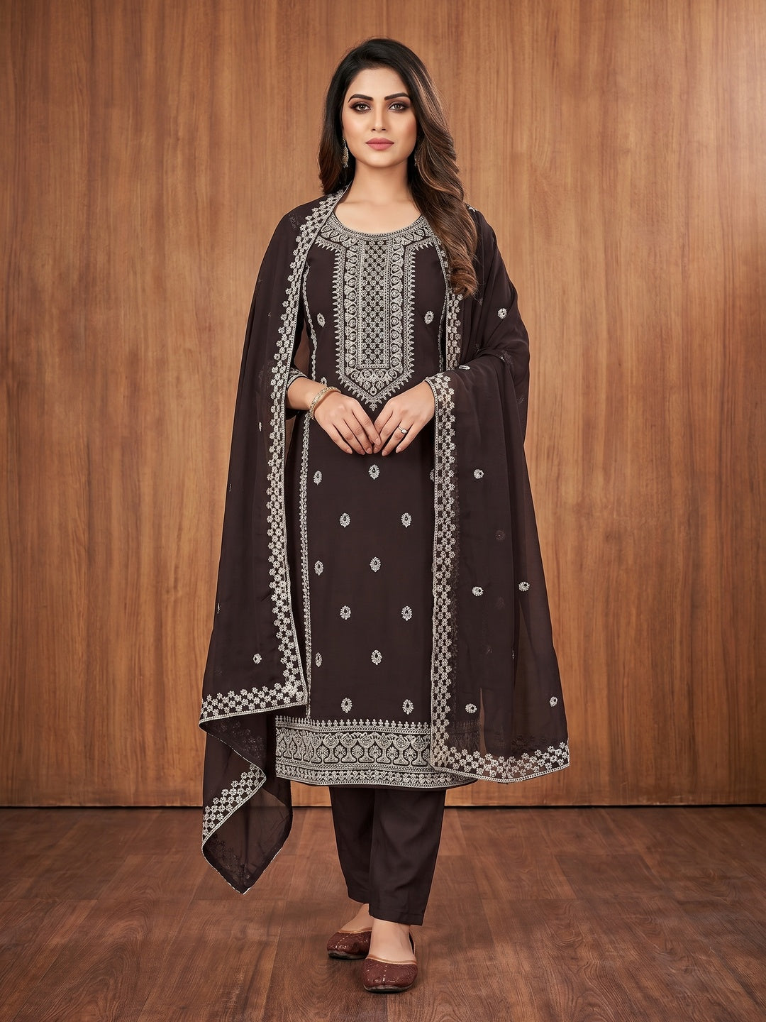 Brown Embroidered Georgette Dress Material - Image 1