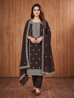 Brown Embroidered Georgette Dress Material - Image 1