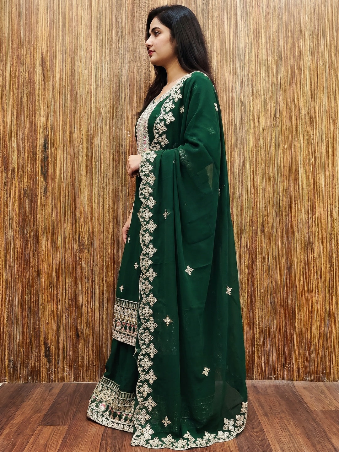 Green Floral Embroidered Georgette Dress Material - Image 3