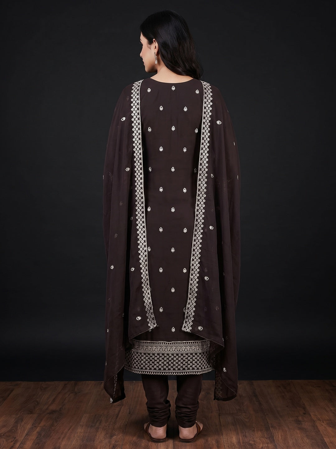 Brown Embroidered Georgette Dress Material - Image 2