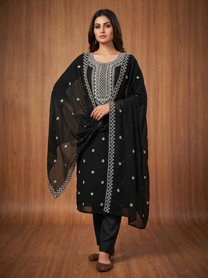Black Embroidered Georgette Dress Material - Image 1