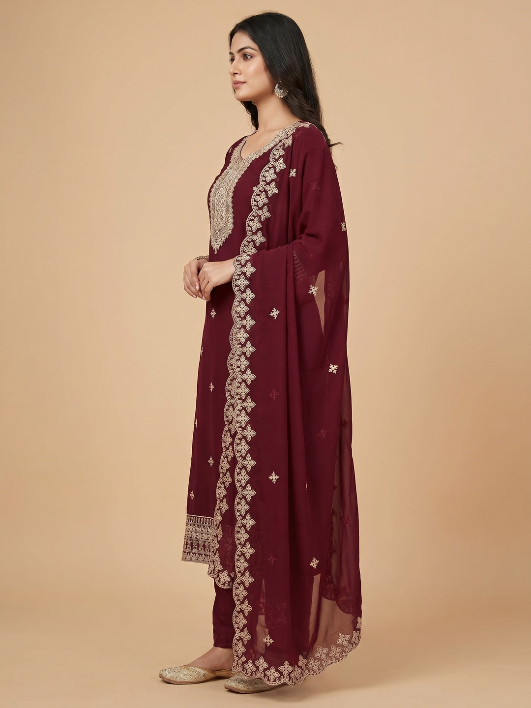 Maroon Floral Embroidered Georgette Dress Material - Image 3