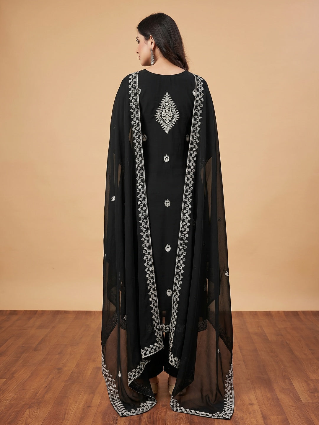 Black Embroidered Georgette Dress Material - Image 3