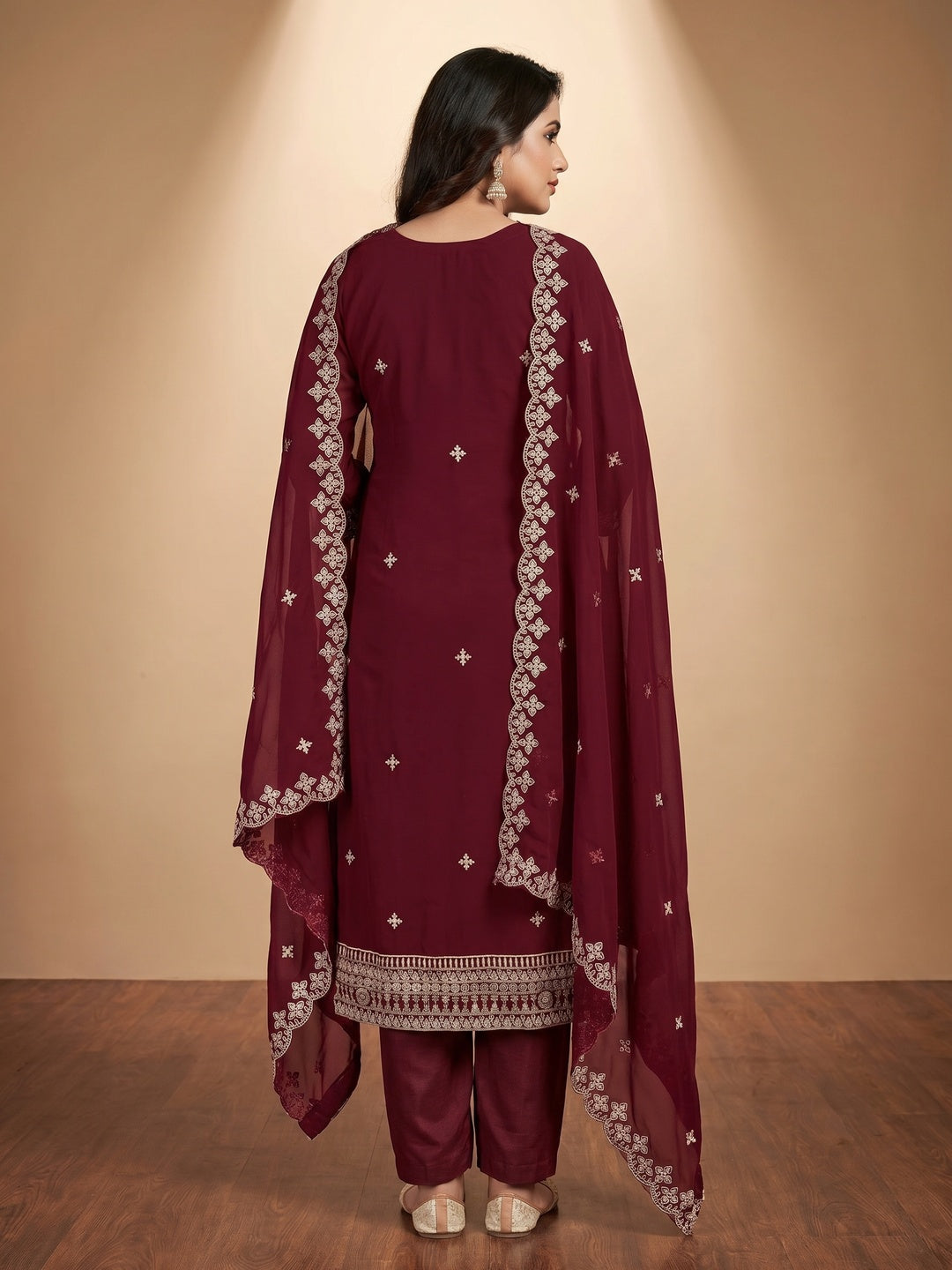 Maroon Floral Embroidered Georgette Dress Material - Image 2