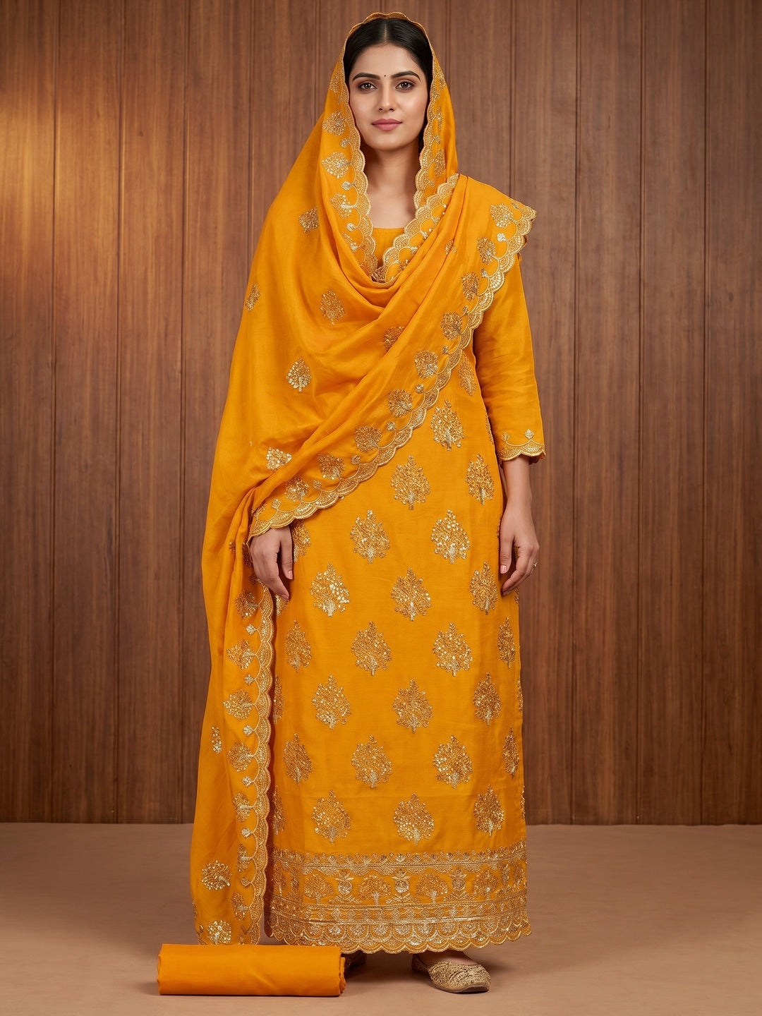 Mustard Sequins Embroidered Vichitra Silk Dress Material - Image 1