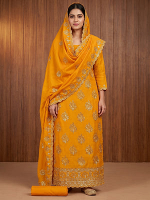 Mustard Sequins Embroidered Vichitra Silk Dress Material - Image 1