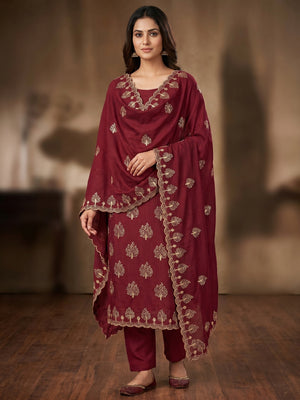 Maroon Sequins Embroidered Vichitra Silk Dress Material - Image 1