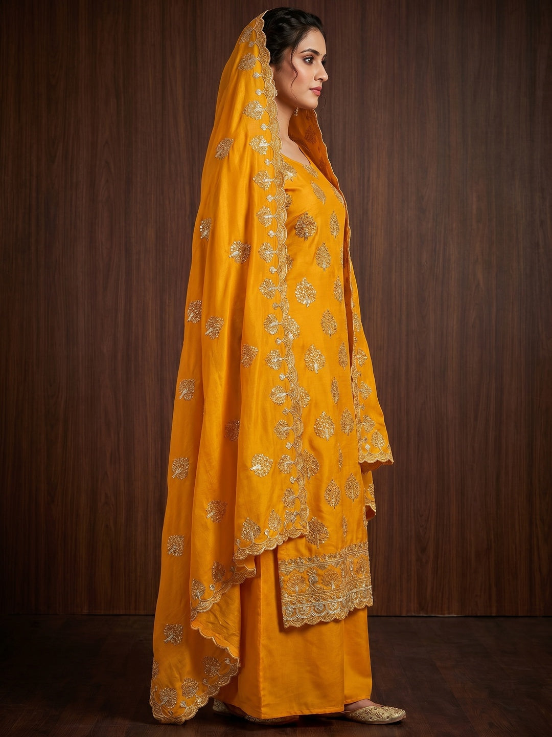 Mustard Sequins Embroidered Vichitra Silk Dress Material - Image 2