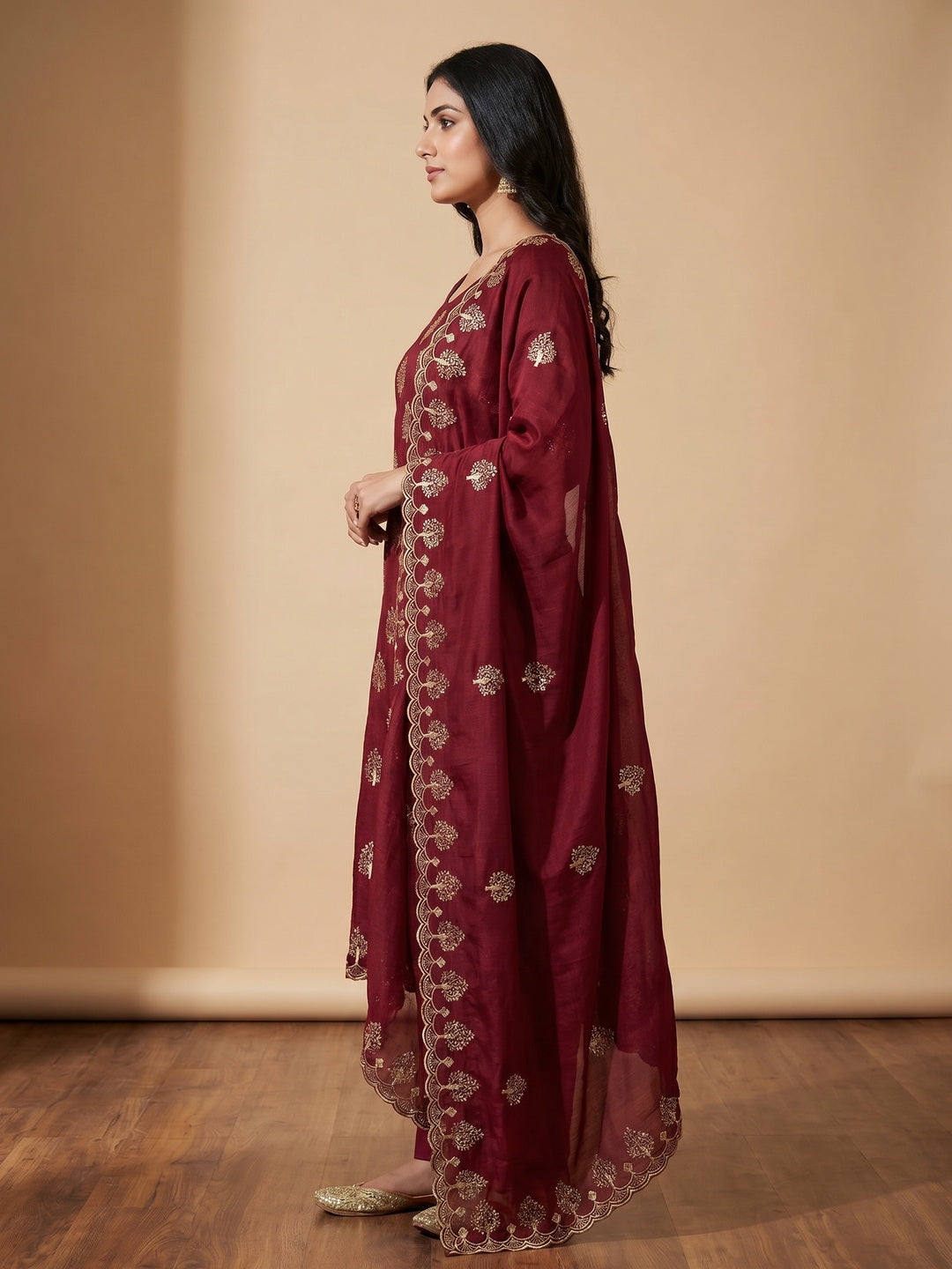 Maroon Sequins Embroidered Vichitra Silk Dress Material - Image 2