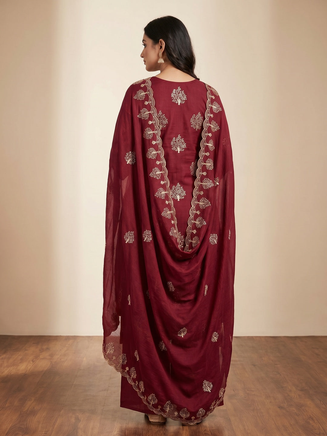 Maroon Sequins Embroidered Vichitra Silk Dress Material - Image 3