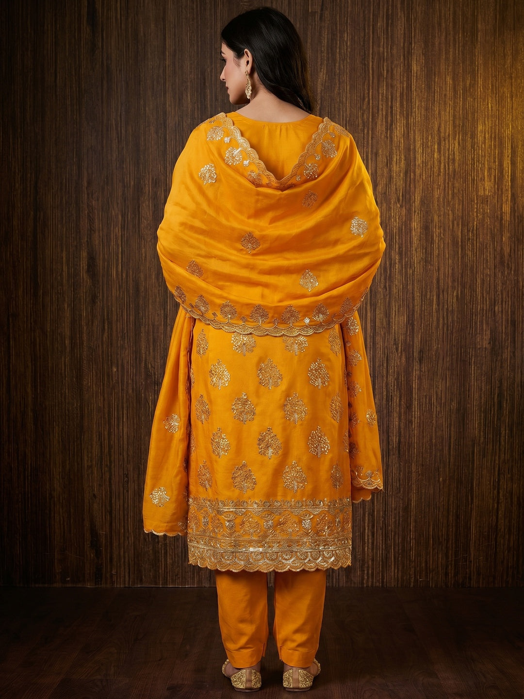 Mustard Sequins Embroidered Vichitra Silk Dress Material - Image 3