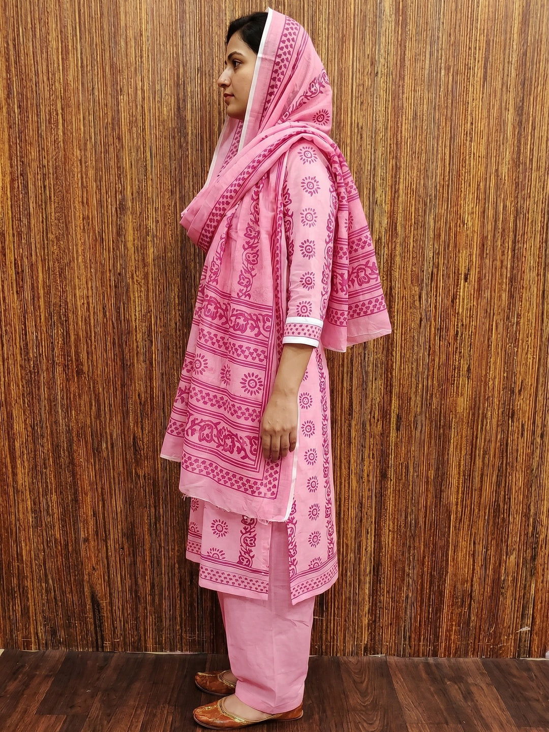 Pink Floral Printed Cotton Blend Dress Material - Image 3