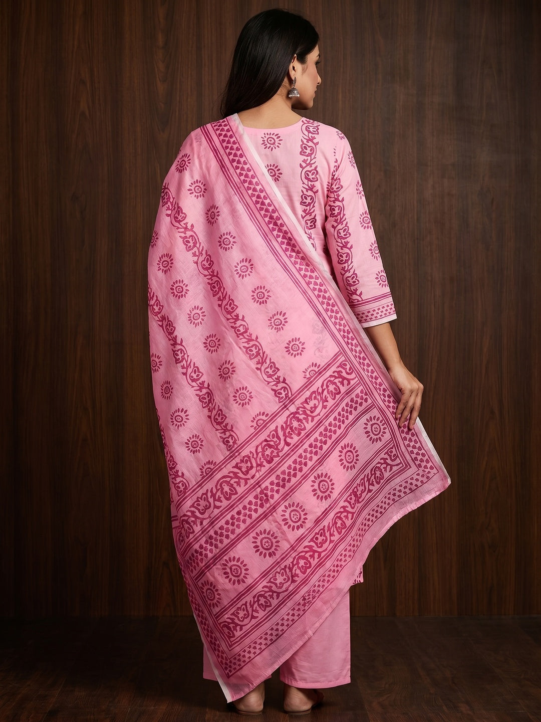 Pink Floral Printed Cotton Blend Dress Material - Image 2