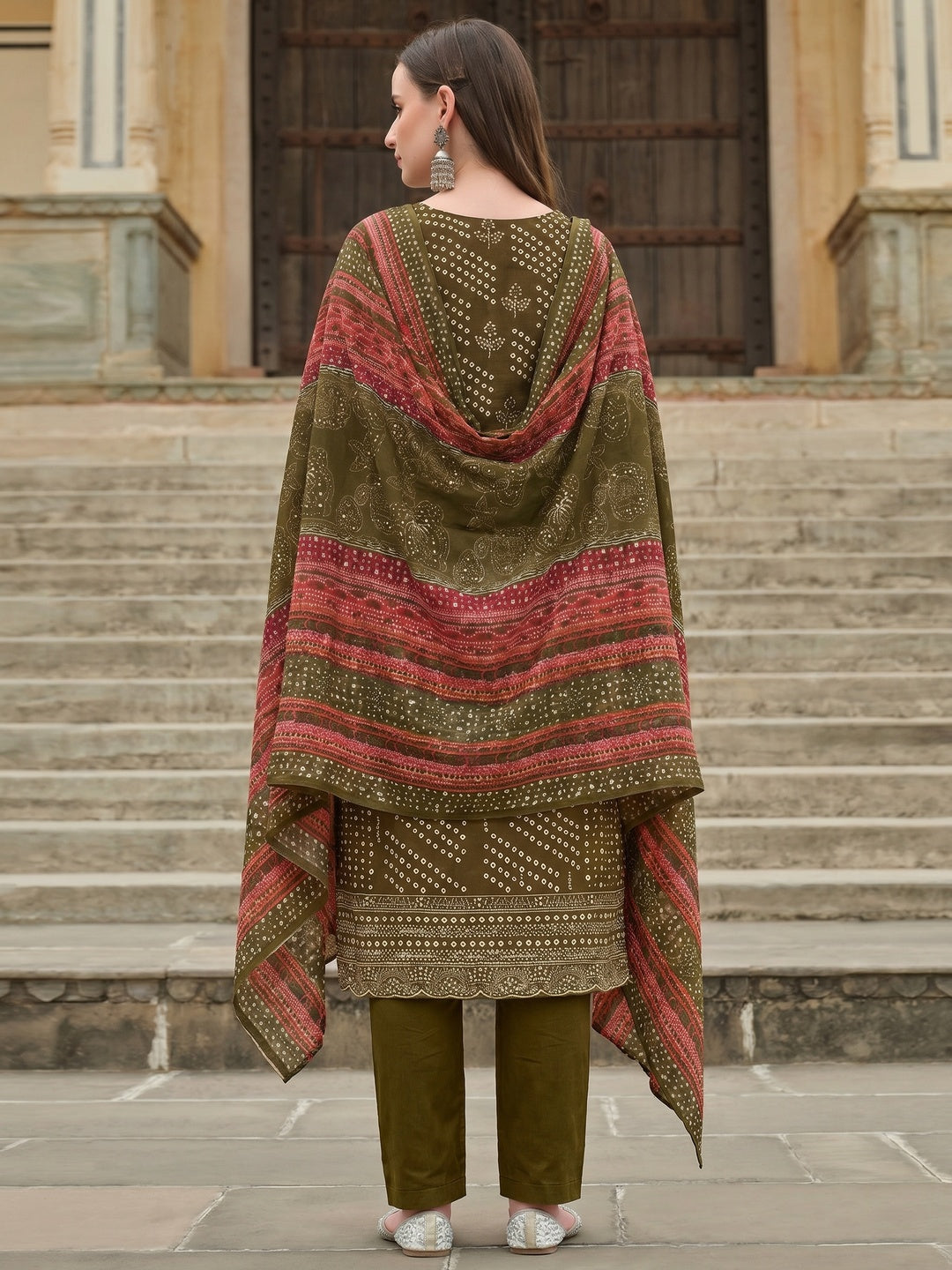 Mehandi Green Bandhani Printed Pure Cotton Dress Material - Image 1