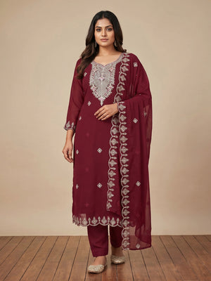 Maroon Sequins Embroidered Georgette Dress Material - Image 1