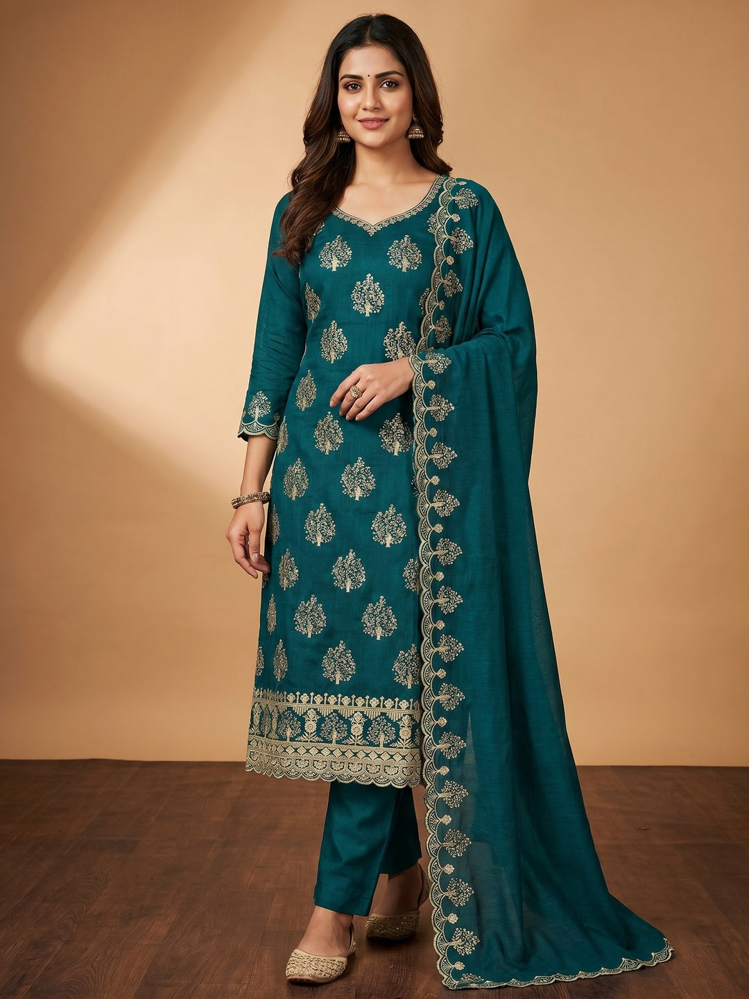 Teal Sequins Embroidered Vichitra Silk Dress Material - Image 1