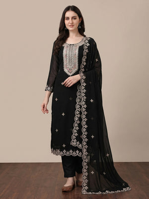 Black Floral Embroidered Georgette Dress Material - Image 1