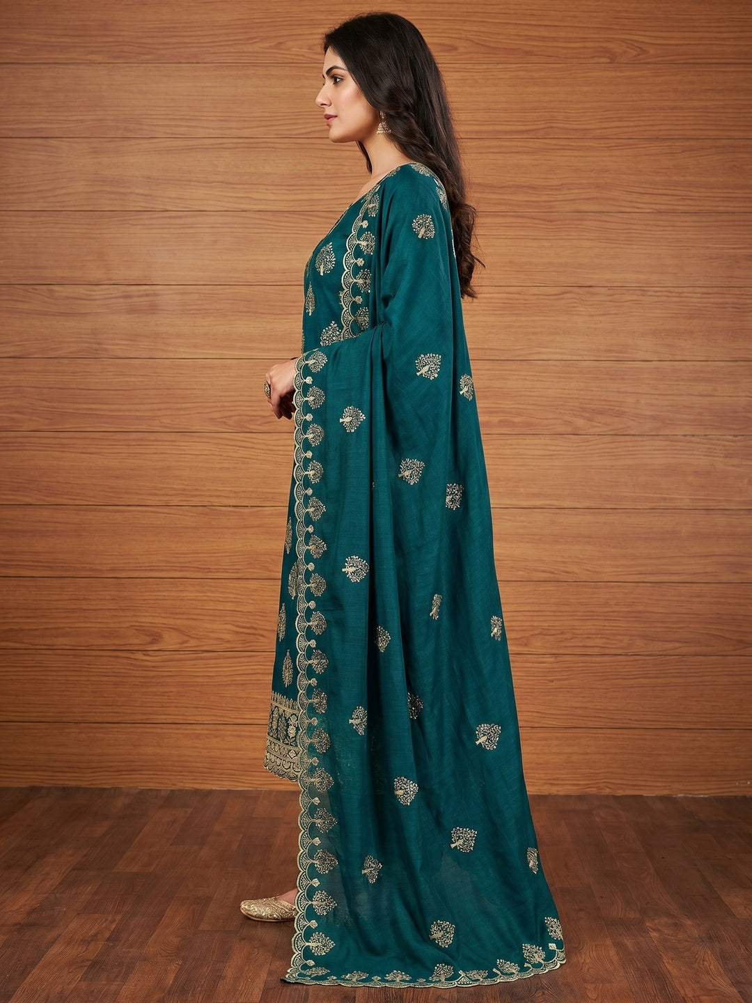 Teal Sequins Embroidered Vichitra Silk Dress Material - Image 2