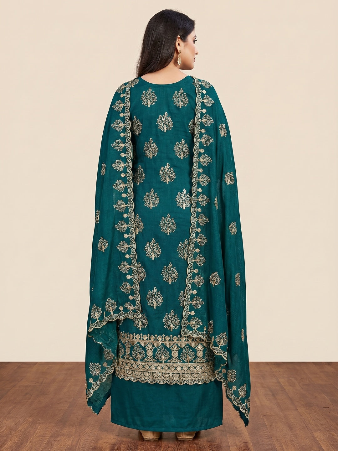 Teal Sequins Embroidered Vichitra Silk Dress Material - Image 3