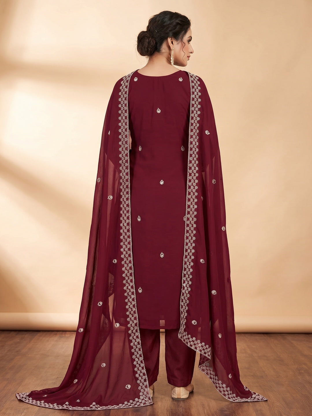Maroon Embroidered Georgette Dress Material - Image 3