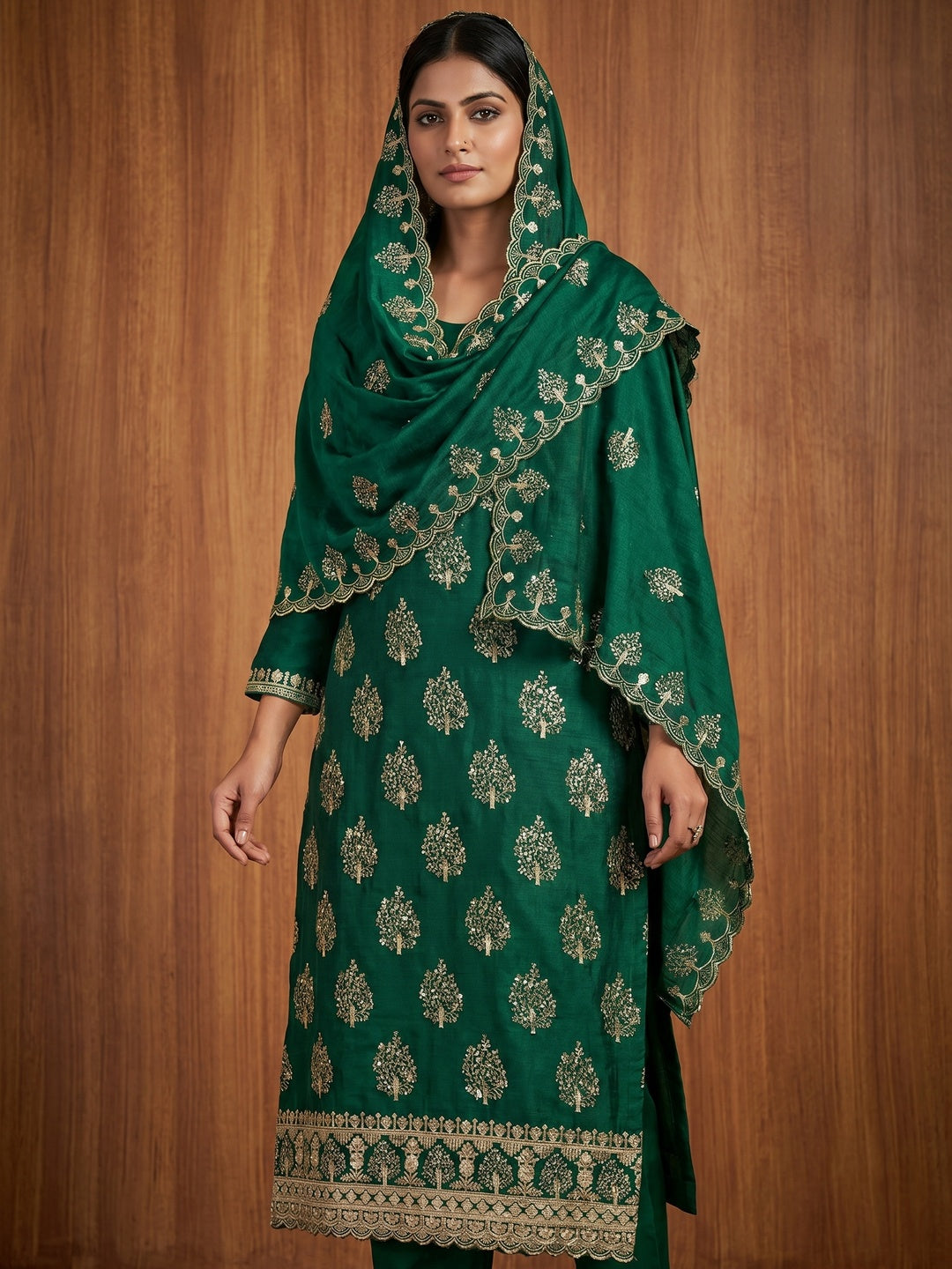Green Sequins Embroidered Vichitra Silk Dress Material - Image 1