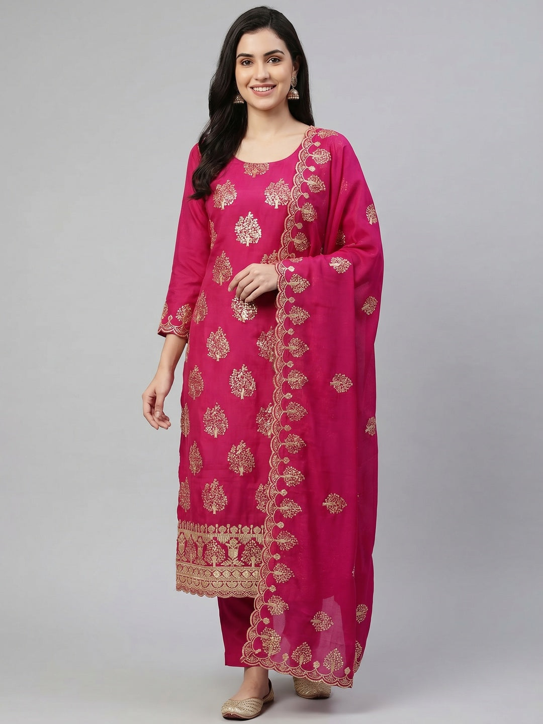 Rani Pink Sequins Embroidered Vichitra Silk Dress Material - Image 1