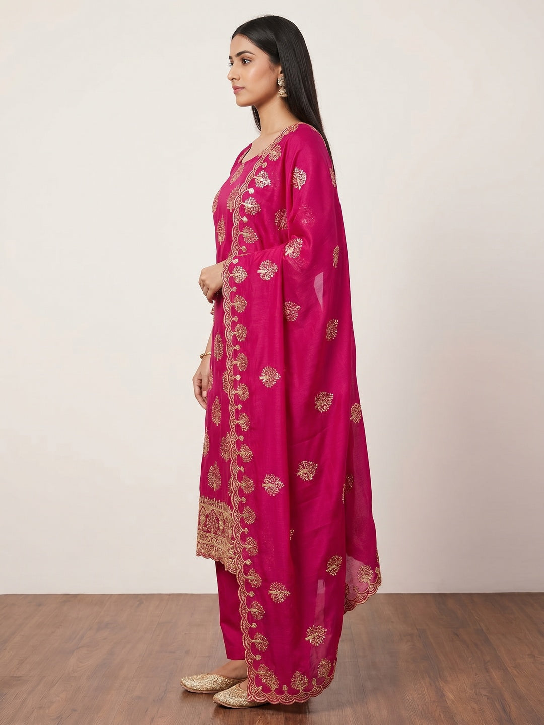 Rani Pink Sequins Embroidered Vichitra Silk Dress Material - Image 3