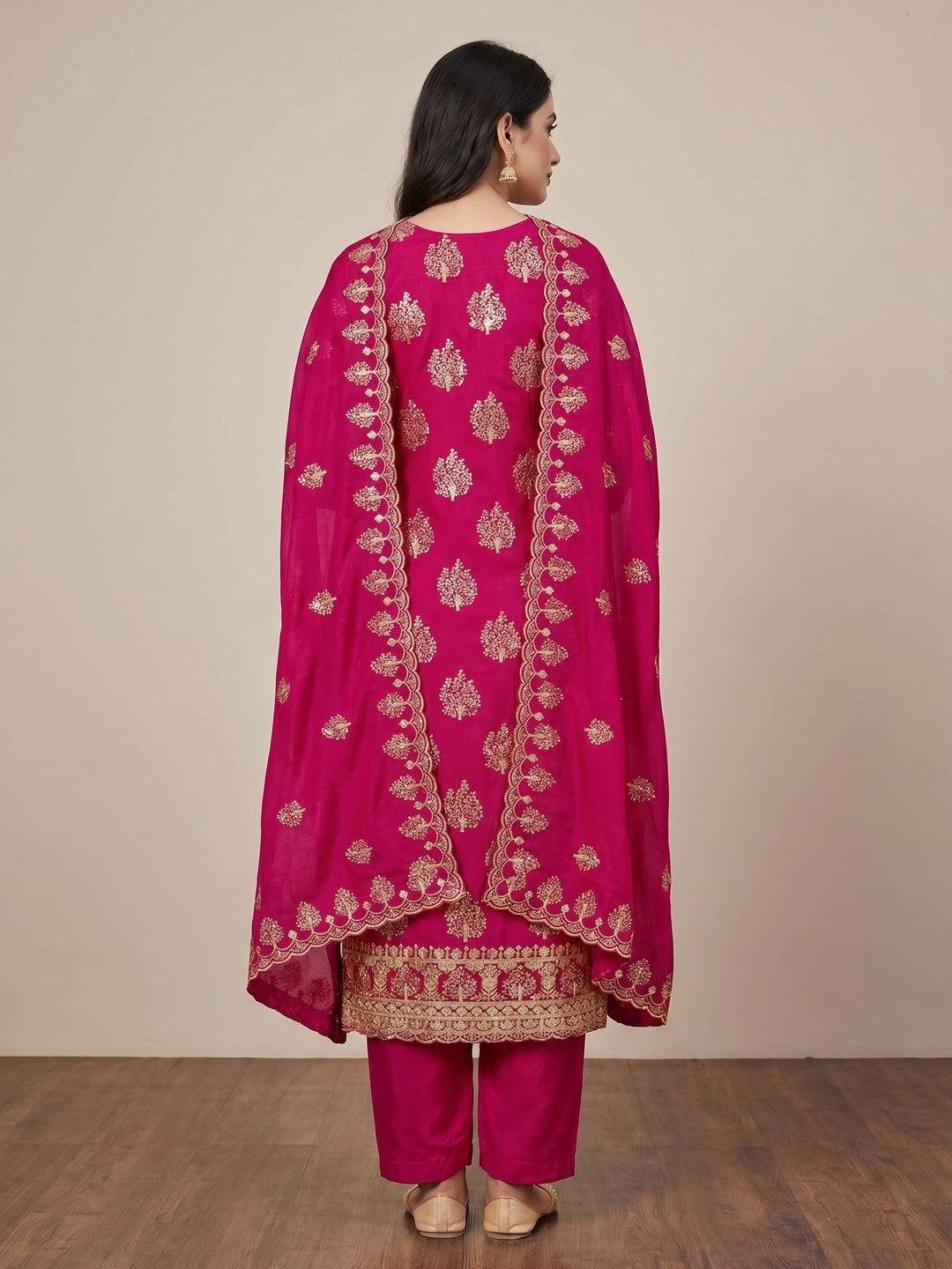 Rani Pink Sequins Embroidered Vichitra Silk Dress Material - Image 2