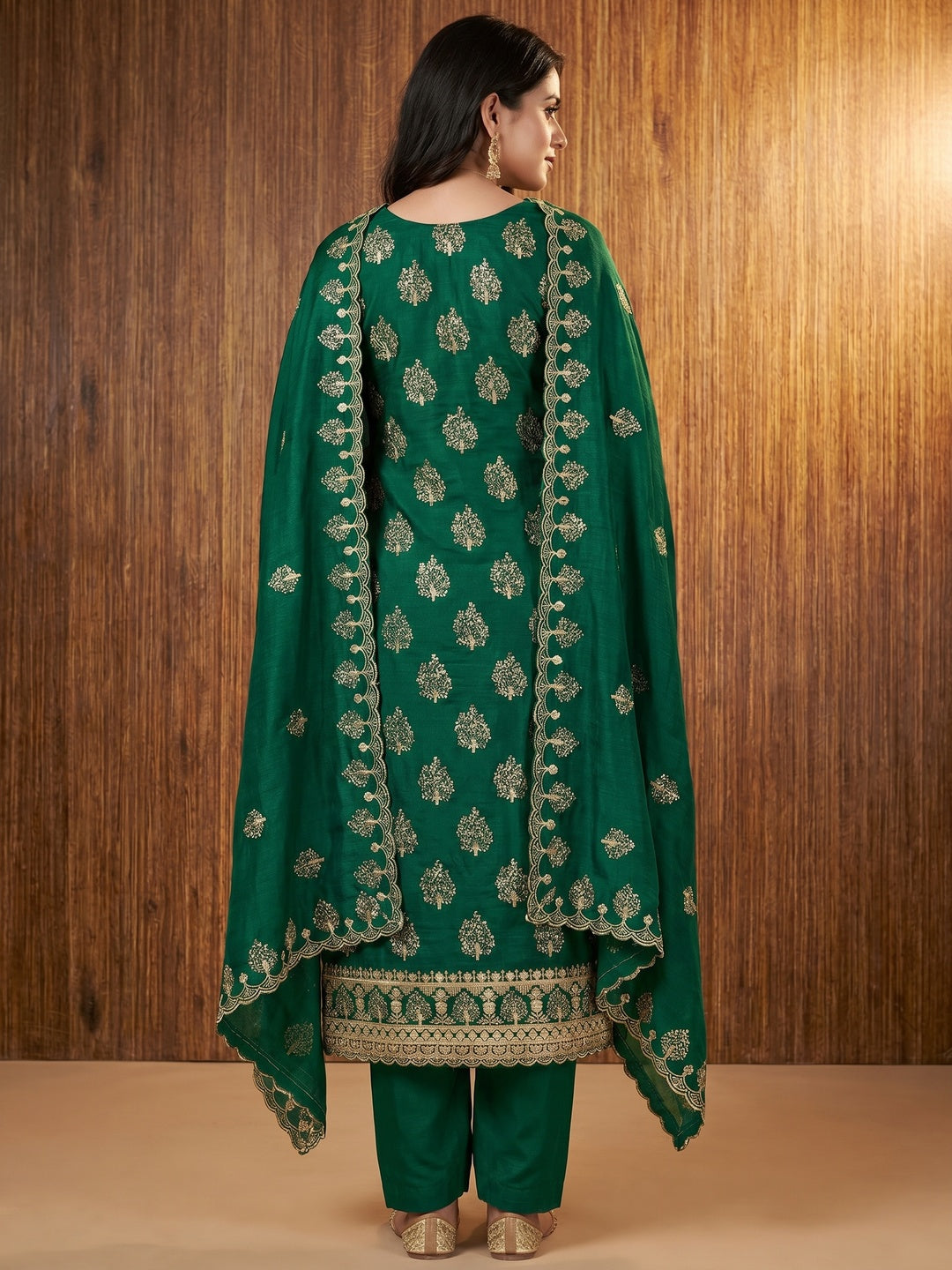 Green Sequins Embroidered Vichitra Silk Dress Material - Image 3