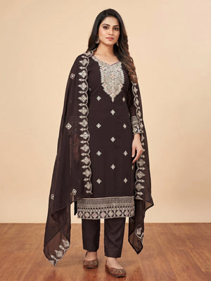 Brown Sequins Embroidered Georgette Dress Material - Image 1
