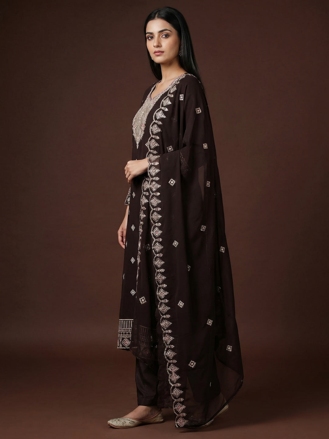 Brown Sequins Embroidered Georgette Dress Material - Image 3