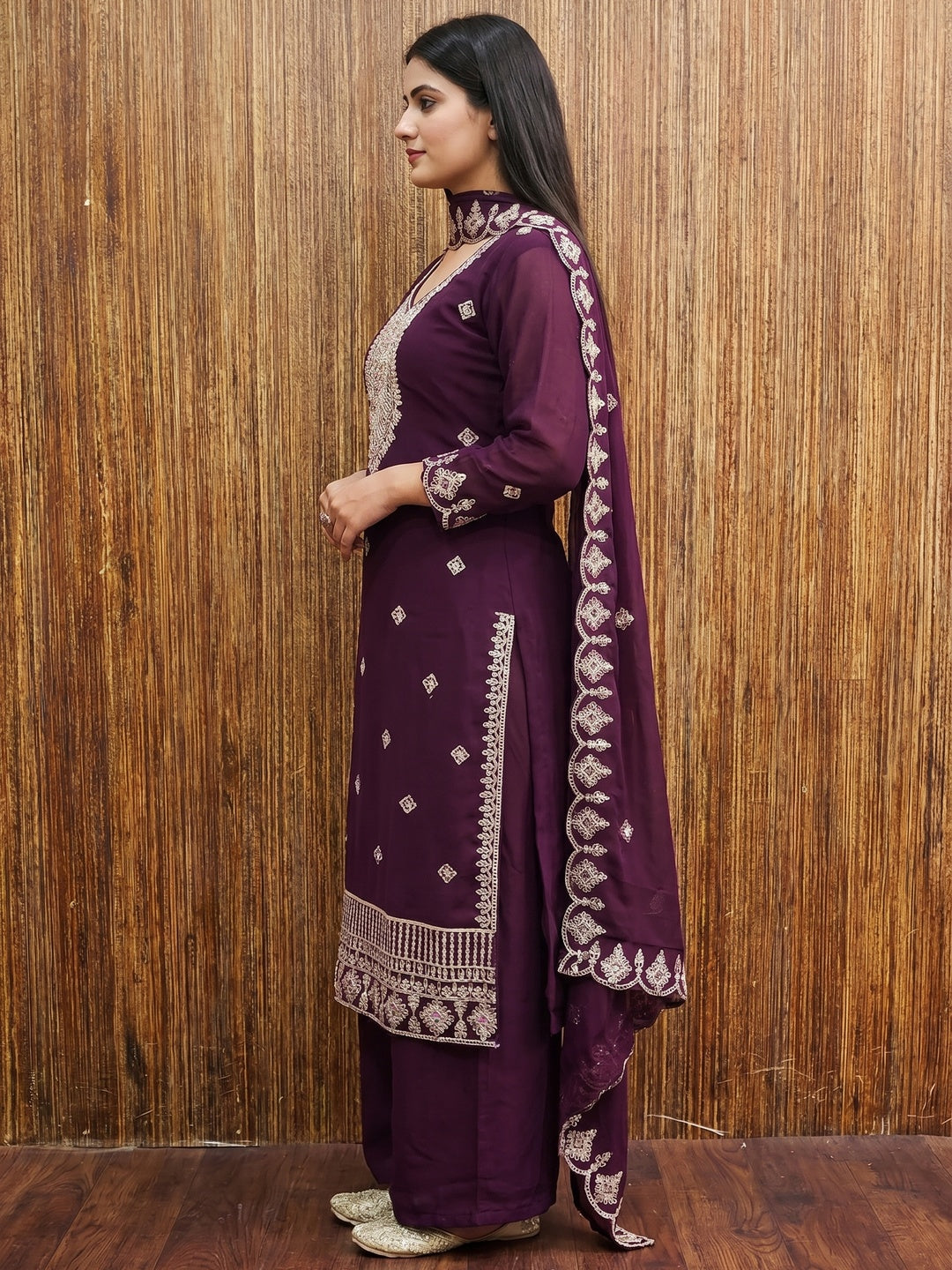 Purple Sequins Embroidered Georgette Dress Material - Image 3