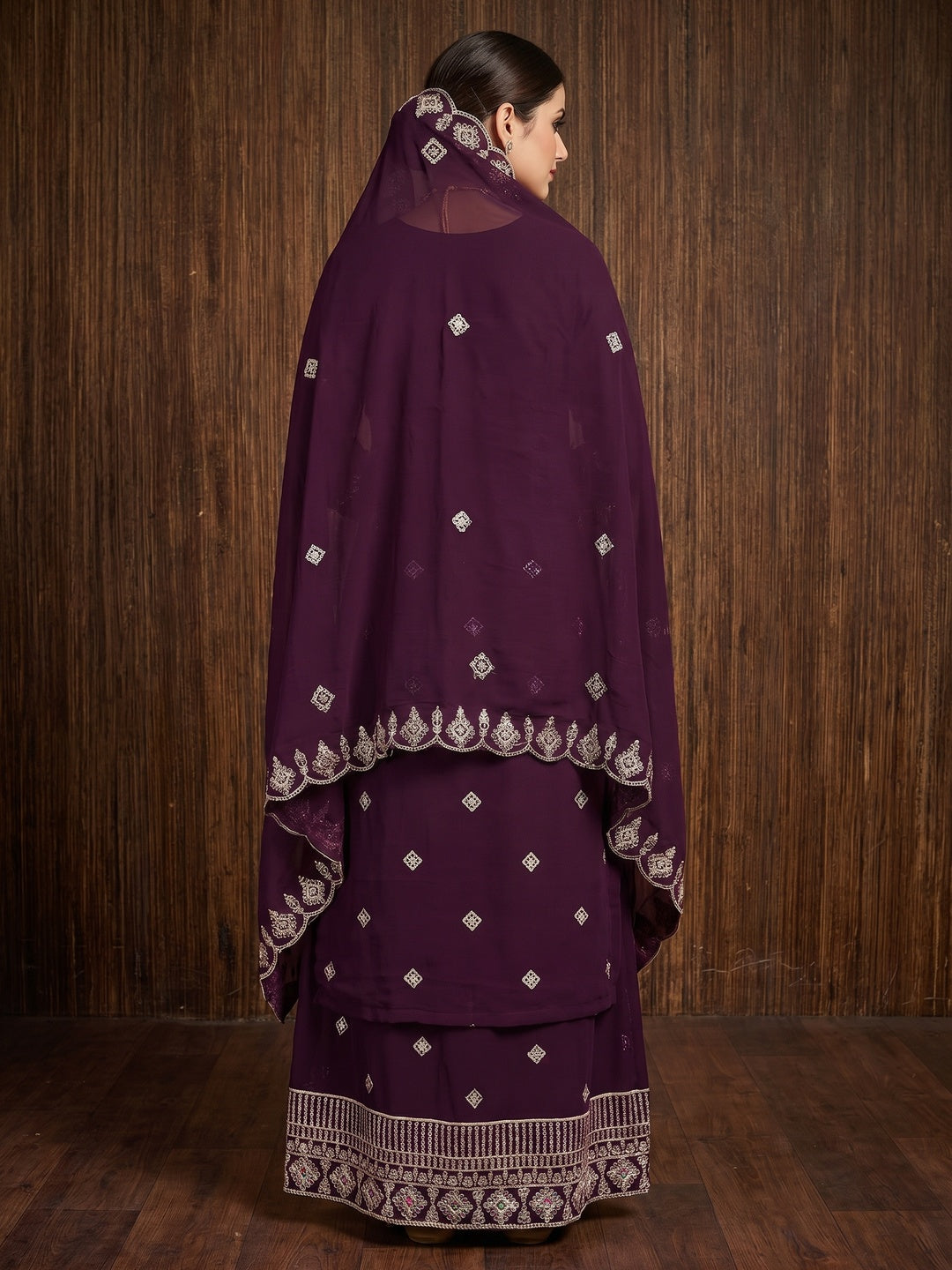 Purple Sequins Embroidered Georgette Dress Material - Image 2