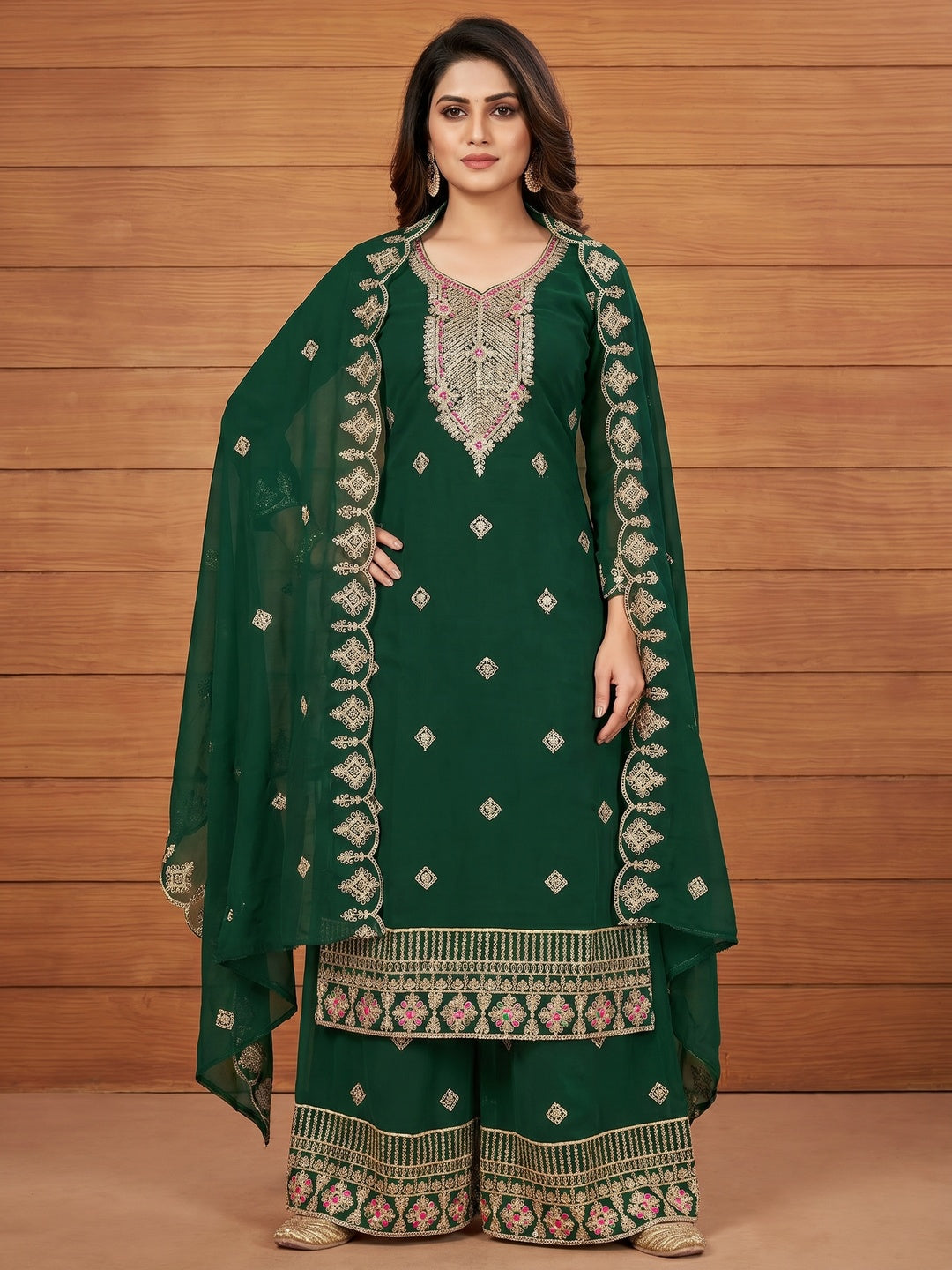 Green Sequins Embroidered Georgette Dress Material - Image 1