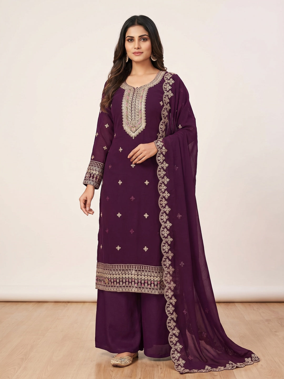 Purple Floral Embroidered Georgette Dress Material - Image 1