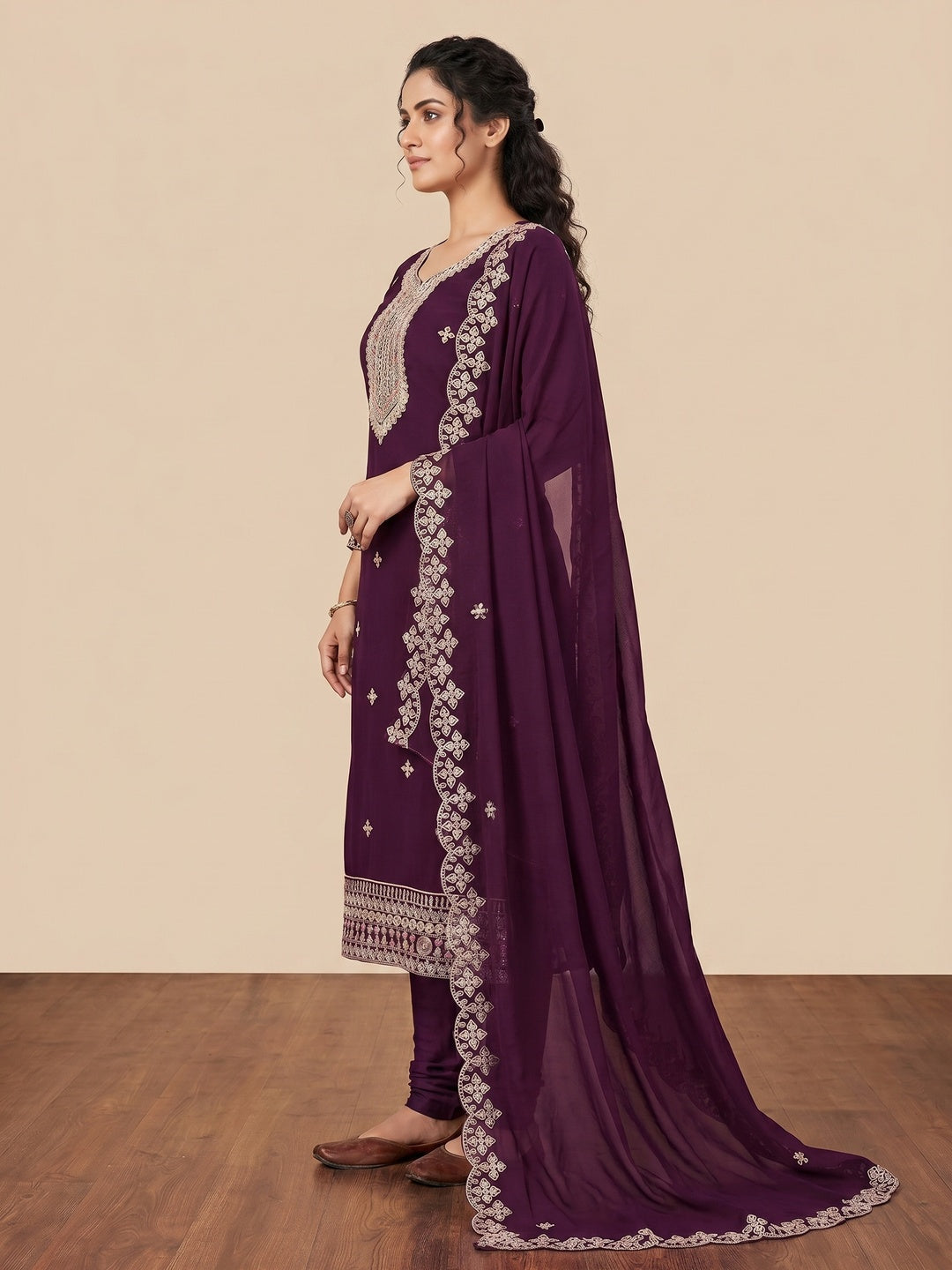 Purple Floral Embroidered Georgette Dress Material - Image 2
